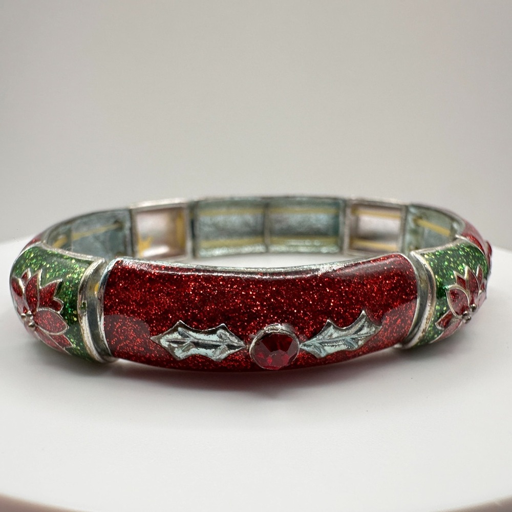 Vintage 90s Poinsettia Stretch Bracelet Red Green Glitter Boho